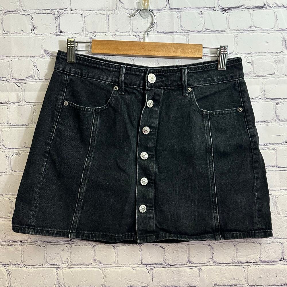 American Eagle Black Button Front Jean Skirt Women's 8 High Rise Mini Skirt